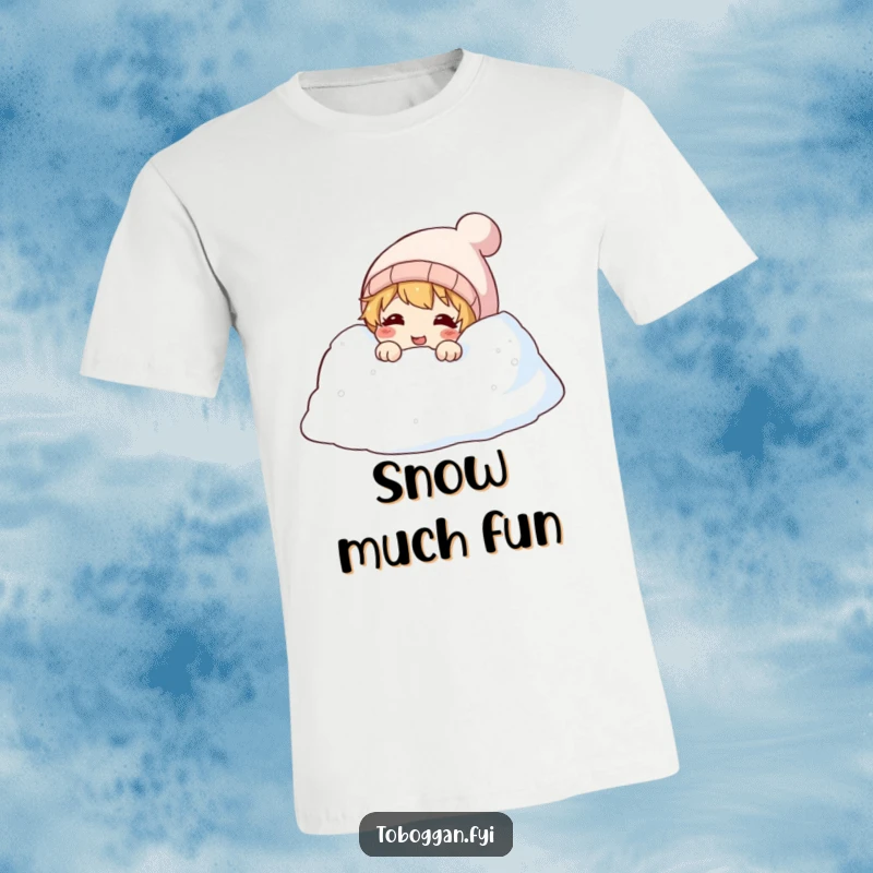 Funny t-shirt showing a character peeking with a giggle from a snowdrift, radiating playful and secret winter joy.