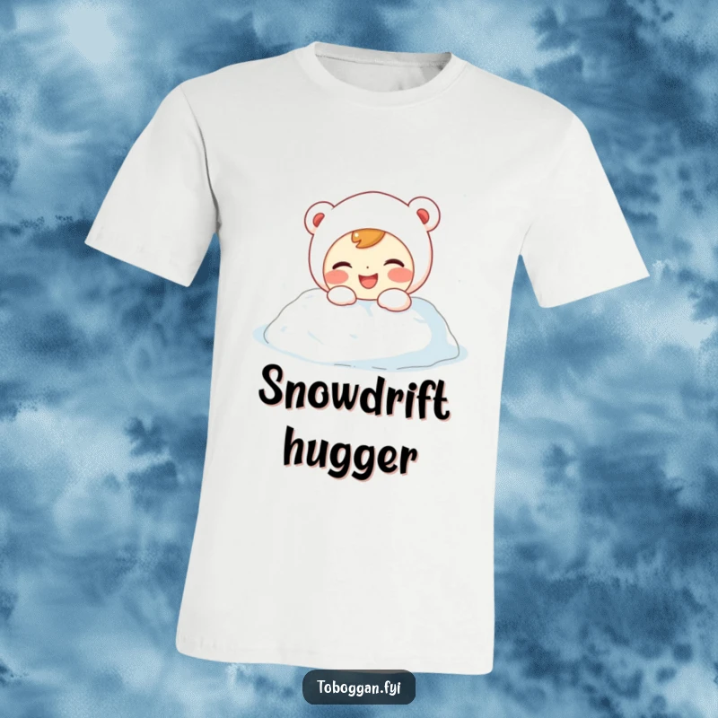 Funny T-Shirt: Character with rosy cheeks and a giggling expression playfully tumbles into a fluffy snowdrift, full of joy.