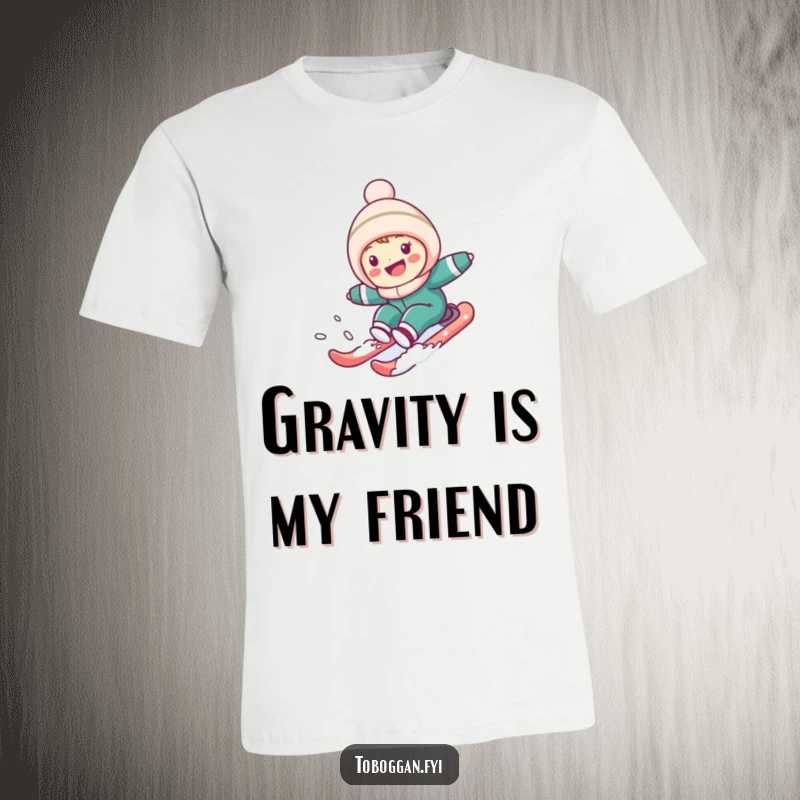 Funny T-Shirt: Adorable character gleefully sledding fast down a snowy hill, capturing the essence of winter fun and pure excitement.