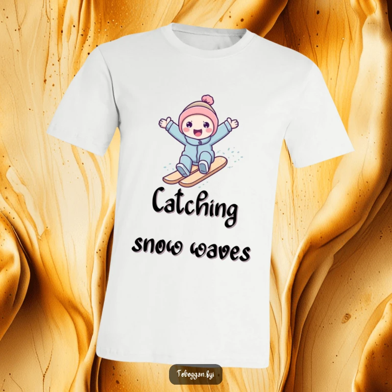Funny character with open arms surfing down a snowy slope on a t-shirt, radiating winter happiness.