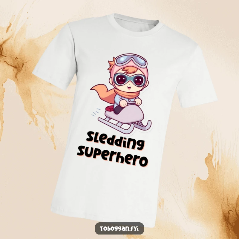 Funny t-shirt showing a cute character pretending to be a superhero while speeding down a hill on a sled.