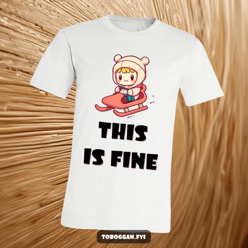 Funny t-shirt featuring a character comically steering a toboggan with dramatic, exaggerated motions, embodying adventurous spirit.