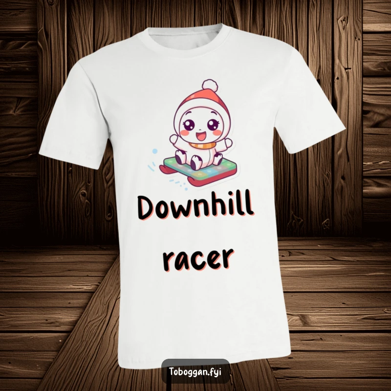 Funny T-Shirt: A joyful character with wide eyes and a huge smile slides fast on a vibrant toboggan down a snowy slope.