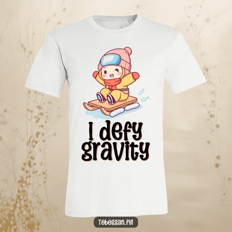 Funny t-shirt showcasing a character mid-trick on a toboggan, eyes wide with a mix of excitement and impending doom.