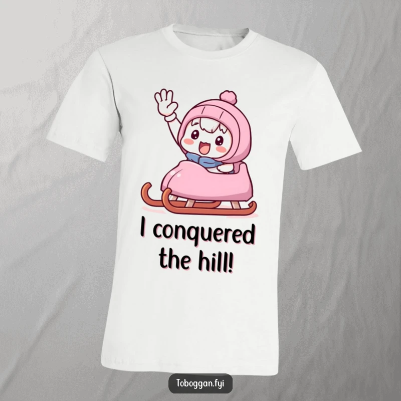 Funny t-shirt with a cute character proudly waving a triumphant hand, sitting victoriously on a sled.