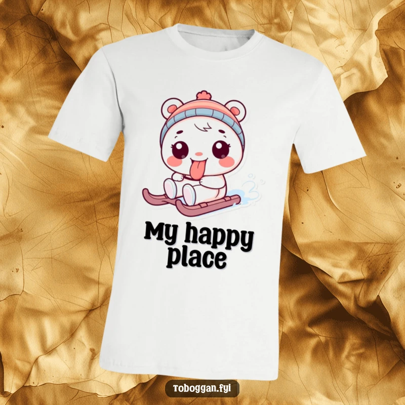 Funny t-shirt with a playful character sticking its tongue out while sledding, a fun and humorous clothing gift.