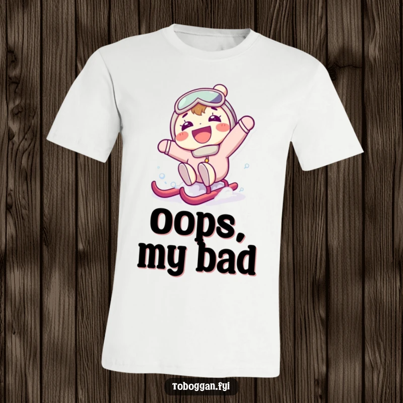 Funny t-shirt featuring a character with a big grin, unexpectedly falling backward off a sled in sheer surprise, a hilarious winter sports moment.