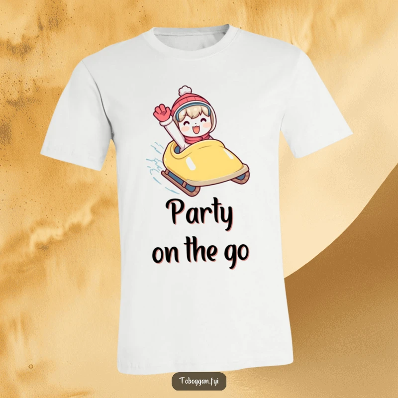 Funny t-shirt with a character waving excitedly from a speedily moving toboggan, capturing winter's joyful momentum.