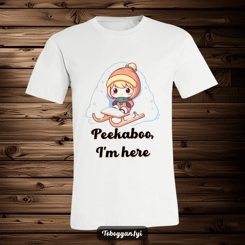 Funny snow surprise t-shirt with a character popping out from under snow on a sled, perfect for showing off playful winter humor.