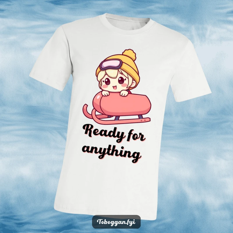 Funny t-shirt depicts a character excitedly peeking over the edge of a sled, conveying humorous anticipation and readiness for sledding fun.