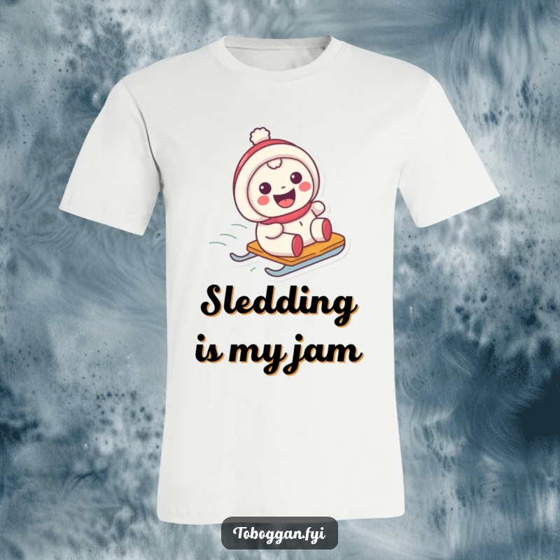 Funny t-shirt featuring a character with a wide grin happily sliding down a snowy hill on a sled.
