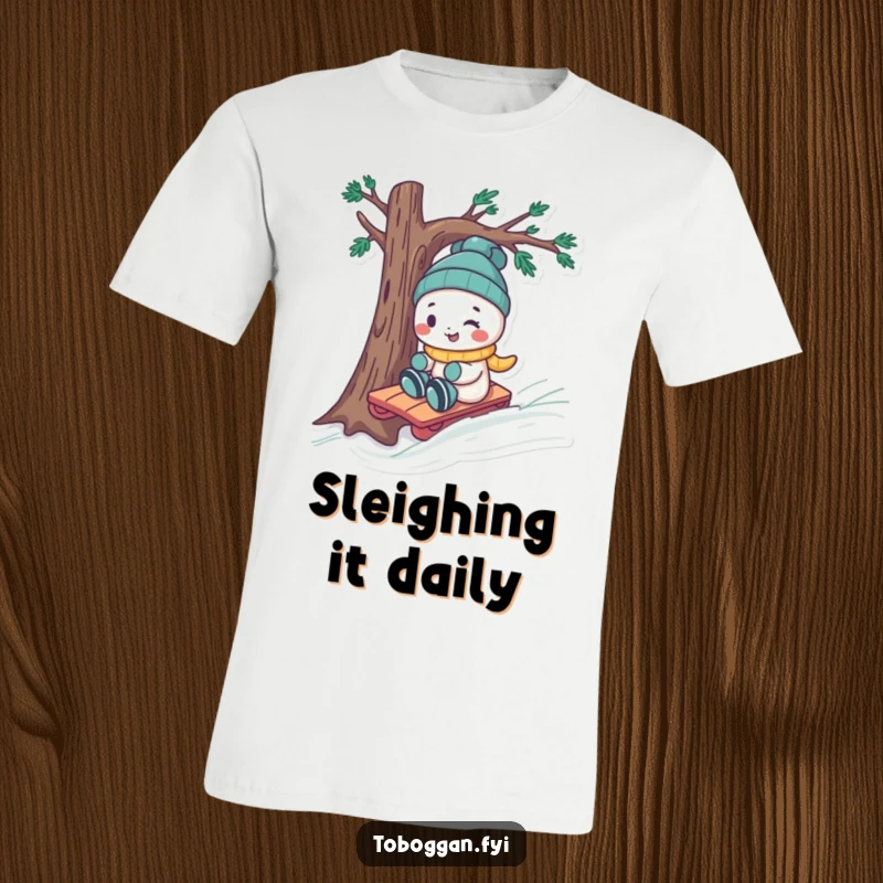 Funny character joyfully steering a toboggan around a snow-covered tree on a humorous winter-themed t-shirt.