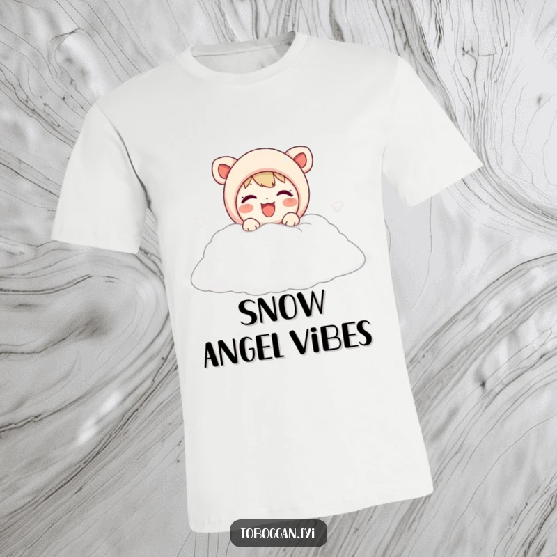 Funny t-shirt showing a cute character joyfully popping out of a soft snow pile, radiating happiness and winter excitement.