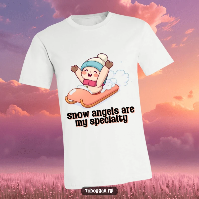 Funny t-shirt depicting a character joyfully falling backwards off a sled, landing softly in a drift of snow.