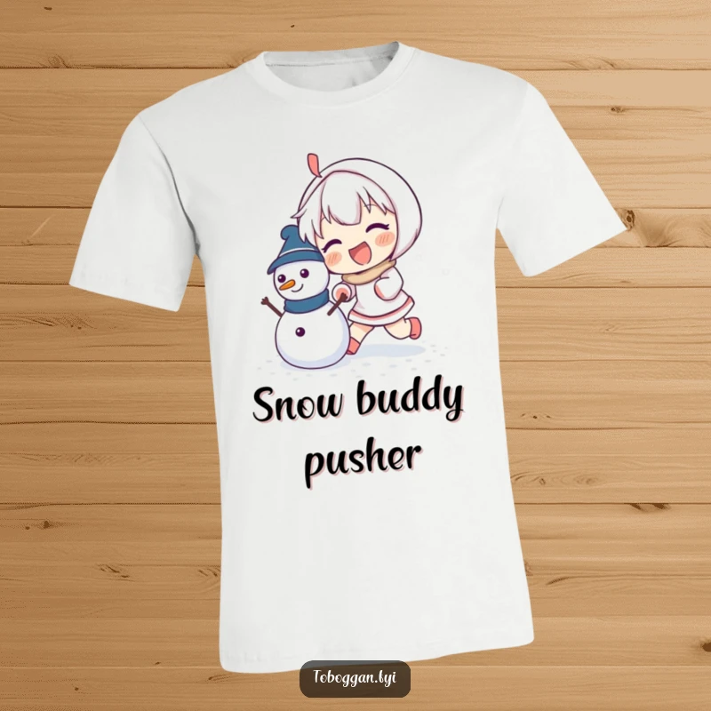 Funny t-shirt with an energetic character pushing a small, cute snowman, embodying winter joy.