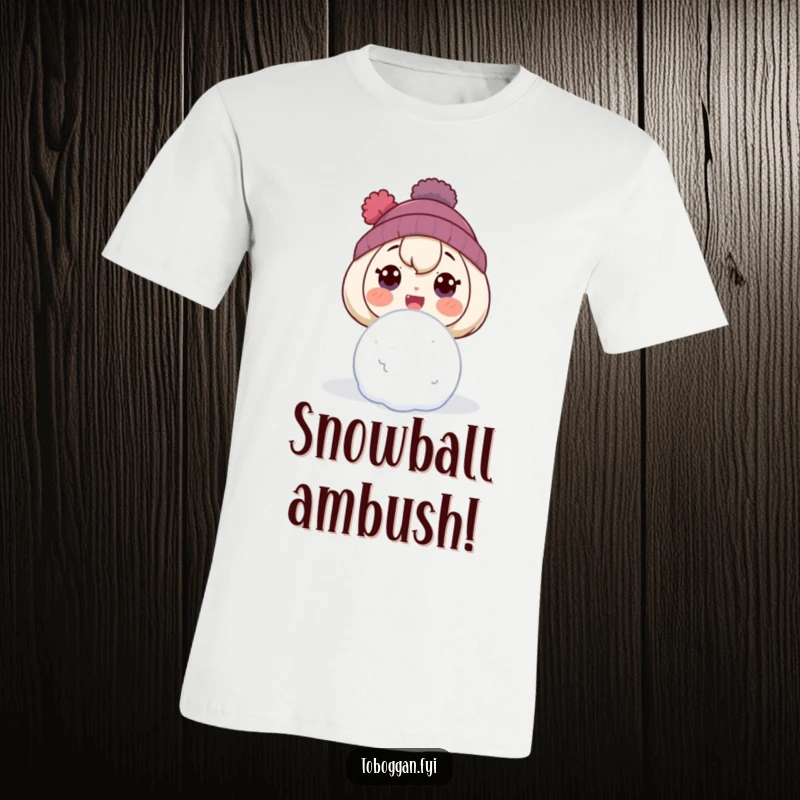 Funny t-shirt featuring a character with a comically shocked expression, caught mid-surprise by a flying snowball.
