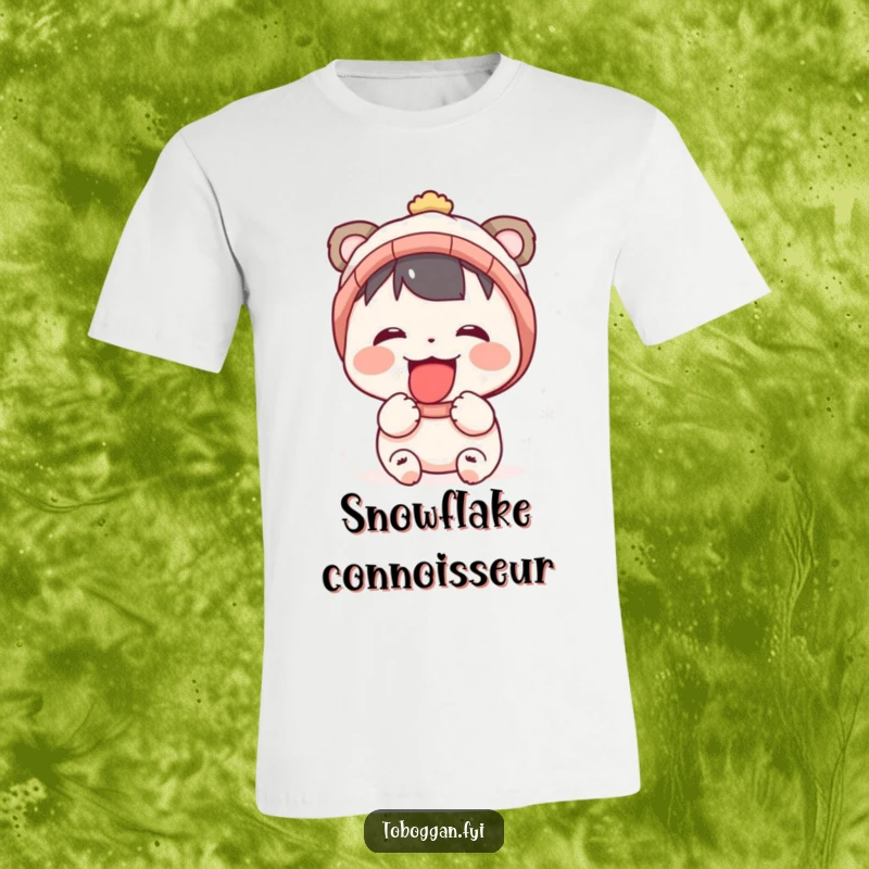 Funny t-shirt featuring a whimsical character with their tongue out, joyfully catching delicate snowflakes in a winter scene.