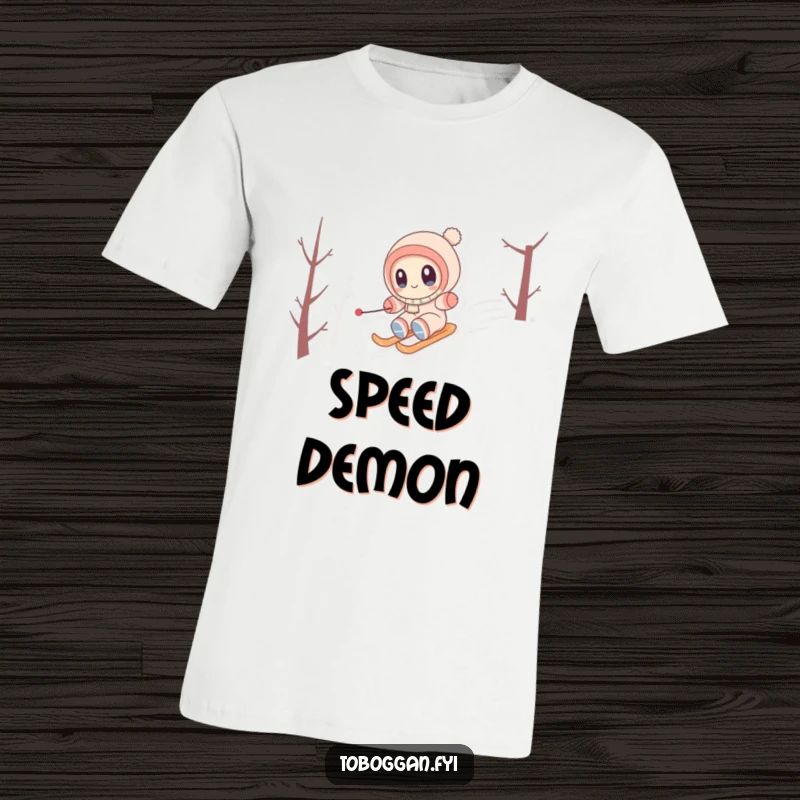Funny T-Shirt of a cute character with big eyes, joyfully speeding down a snowy hill on a sled or skis.