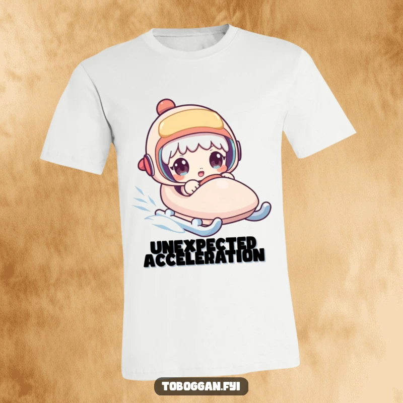 Funny t-shirt featuring a character with a comically shocked expression on a sled moving at lightning speed.