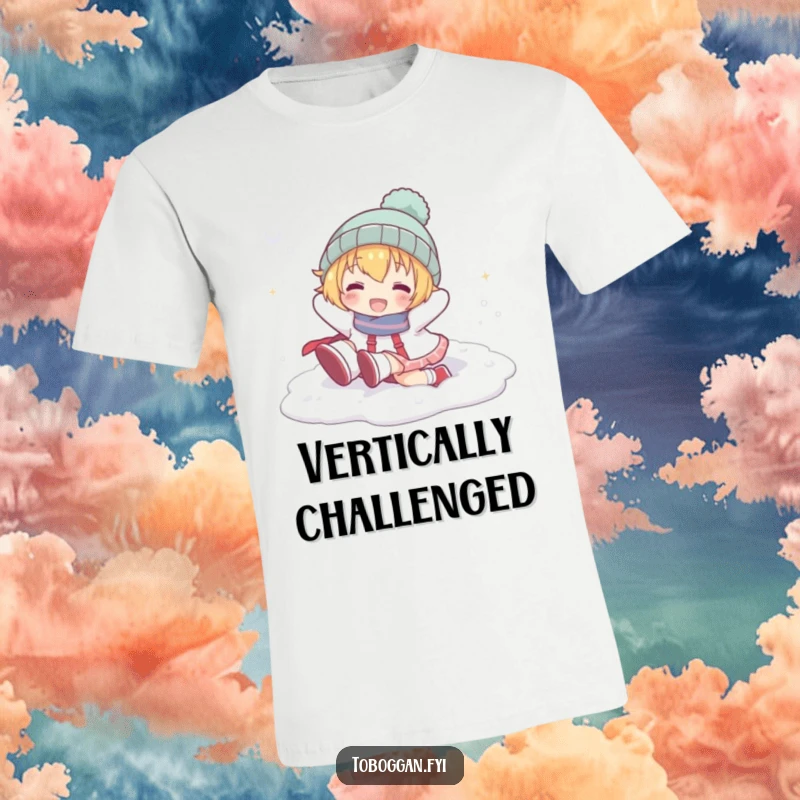 Funny T-shirt of a cartoon character playfully tumbling head over heels in snow, radiating carefree winter happiness.
