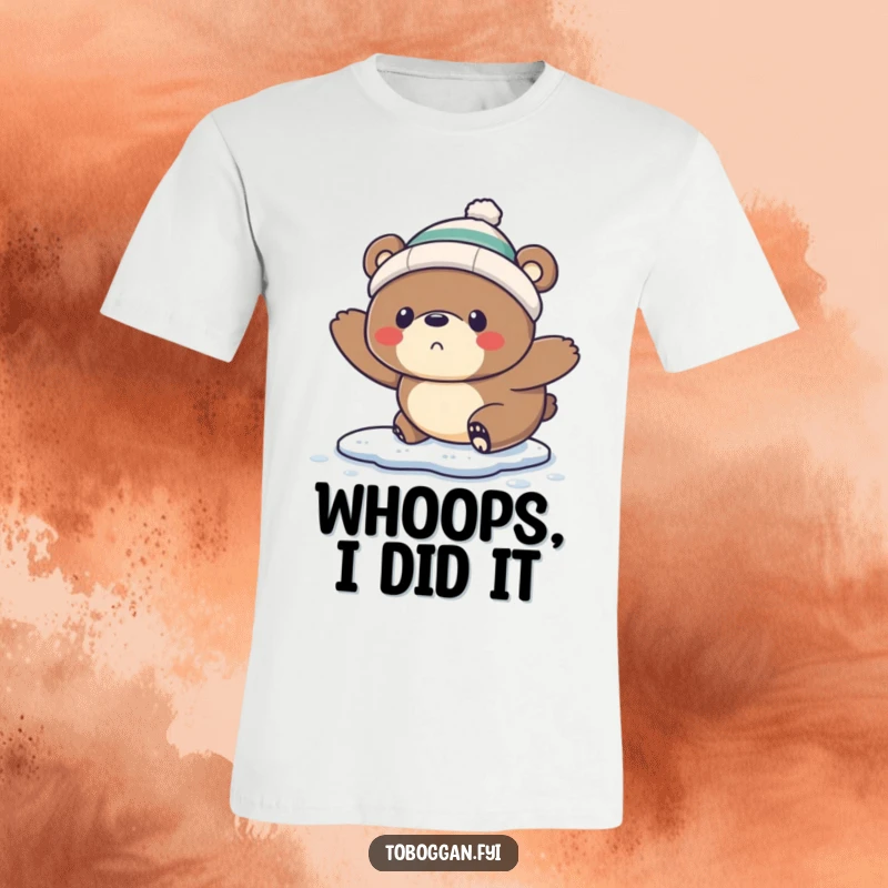 Funny T-Shirt: A startled bear wearing a tiny toque comically slips on ice, capturing a moment of unexpected chaos.