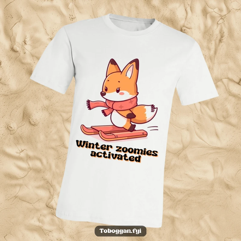Funny t-shirt with a determined fox in a scarf, comically chasing a runaway toboggan, perfect for winter fun.