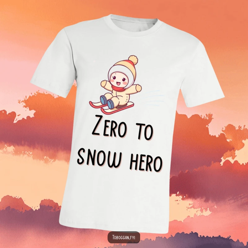 Funny t-shirt featuring a cute character joyfully zooming down a snowy hill on a sled, embodying pure winter fun.