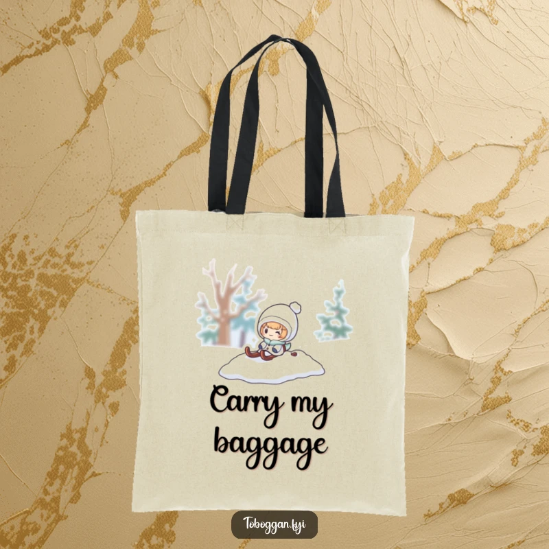 Funny snow sled tote bag, a character pops out from a snowy pile on a sled, perfect for carrying items.