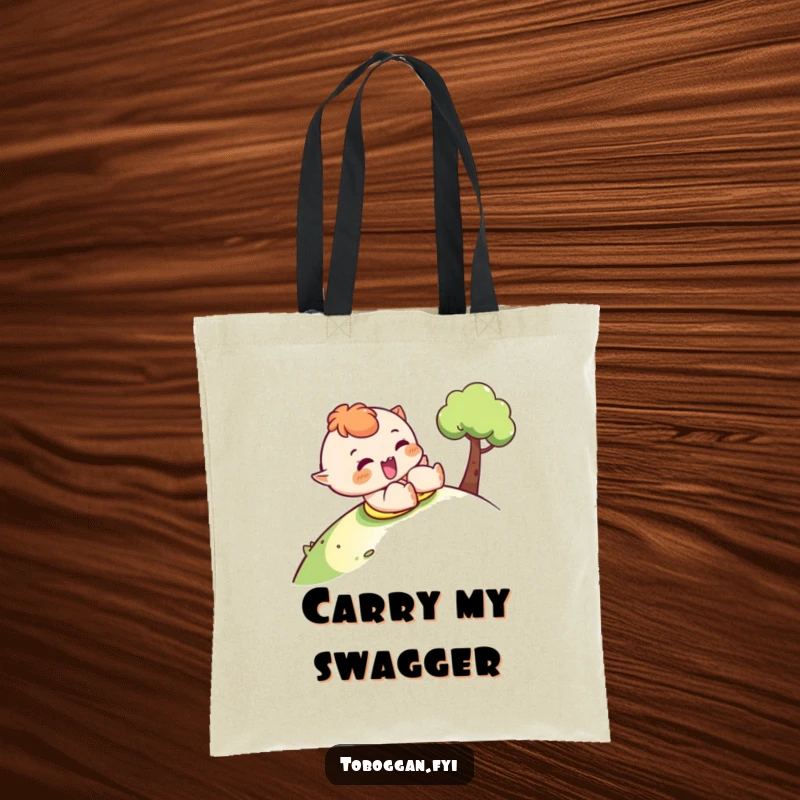 Funny sledding tote bag with a character sliding and winking cheekily, a stylish and humorous accessory.