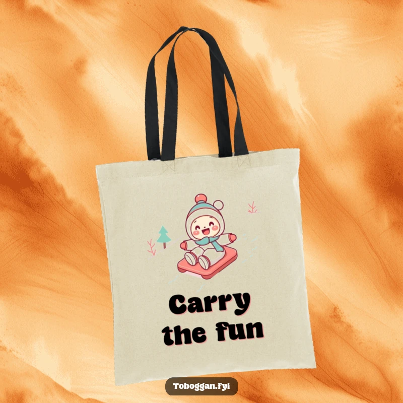 Funny Toboggan Tote Bag: A cute character gleefully toboggans down a snowy slope, a humorous and charming accessory.