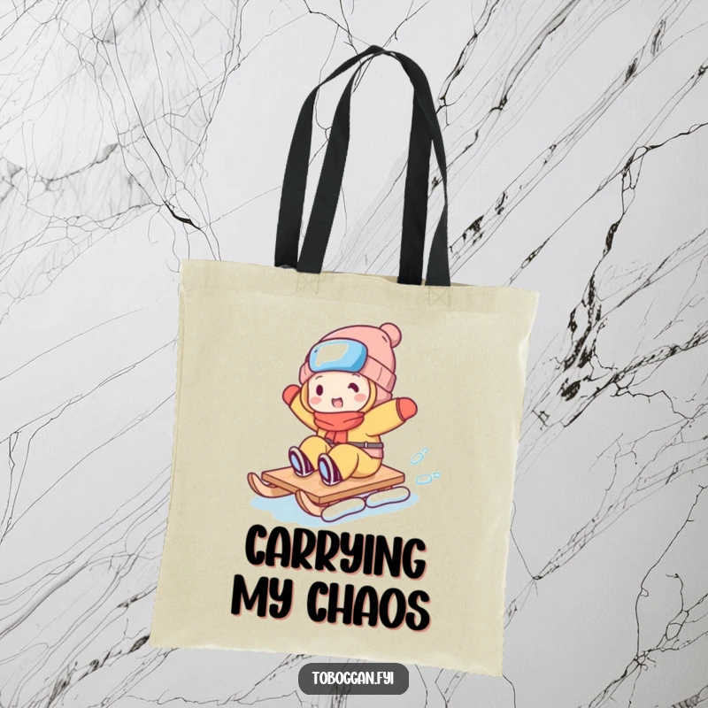 Funny tote bag depicting a character performing a silly trick on a toboggan, perfect for carrying daily essentials with a dose of humor.
