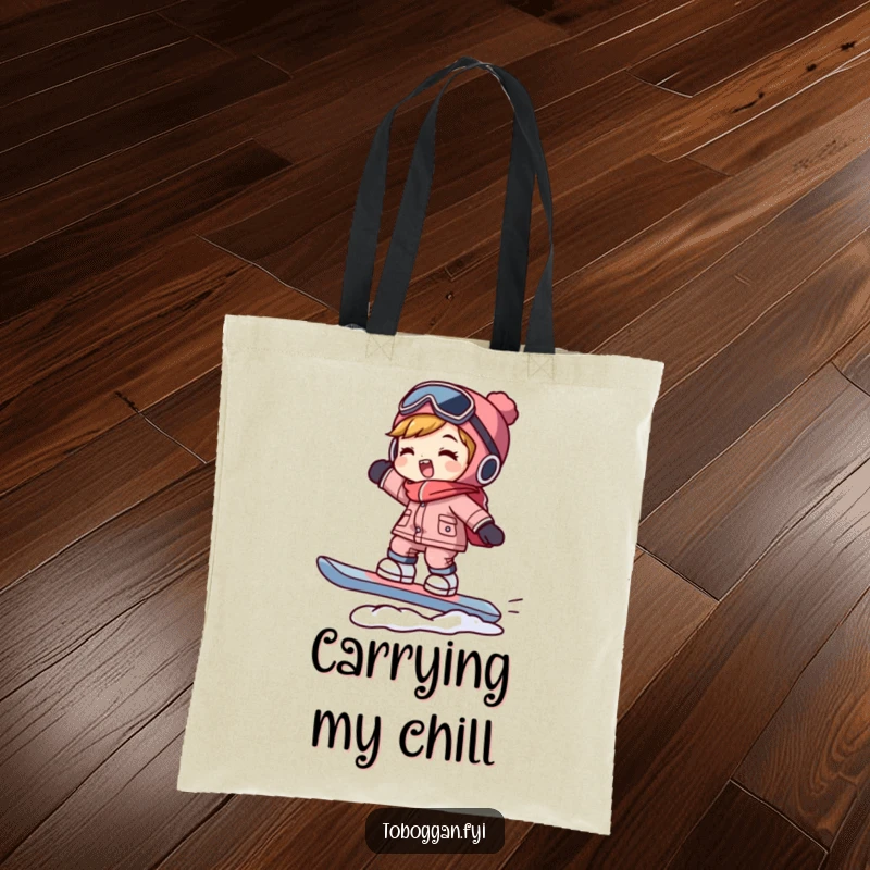 Funny snowboarder tote bag featuring a character joyfully balancing on a snowboard, ideal for carrying gear with a humorous touch.