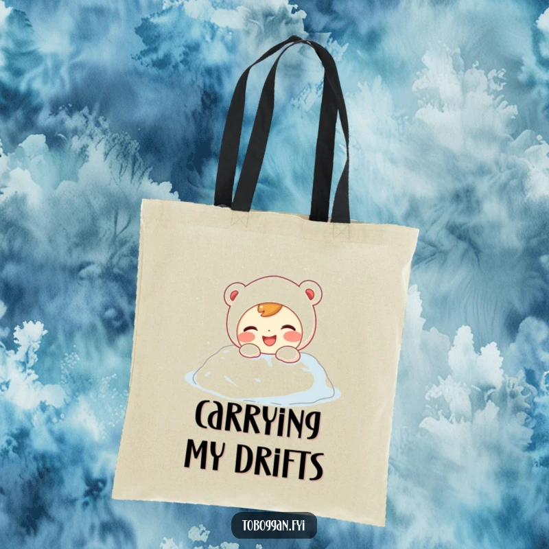 Funny Tote Bag: Giggling character with rosy cheeks playfully lands in a fluffy snowdrift, ready for winter activities.