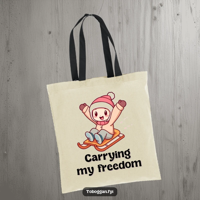 Funny character joyfully sledding downhill with arms raised, a dynamic and humorous image on a handy tote bag.