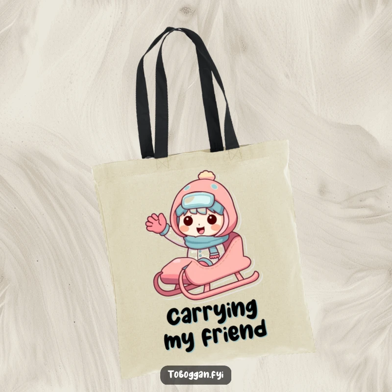 Funny sledding character tote bag with a friendly character sharing a sled and waving, ideal for carrying items with winter cheer.