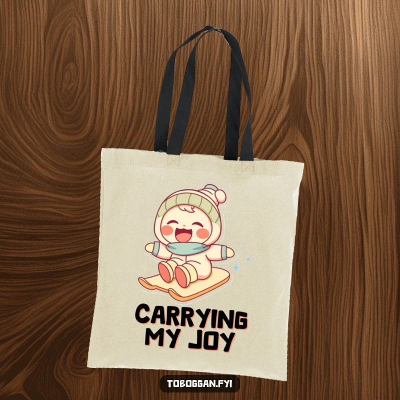 Funny tote bag showcasing a character in mid-descent, laughing with pure joy down a snowy slope, a winter delight.