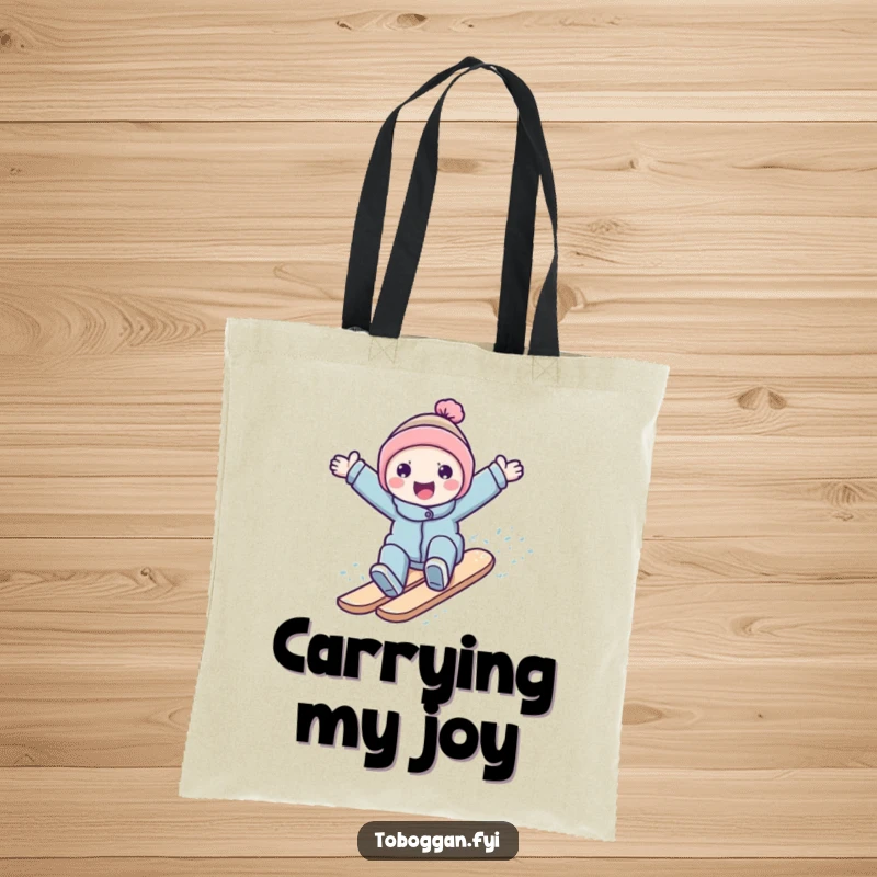 Funny character surfing down a snowy slope with arms outstretched on a durable and humorous tote bag.