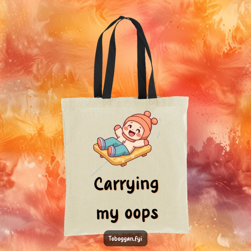 Funny tote bag depicting a happy character comically tumbling playfully off a toboggan, perfect for carrying essentials with humor.