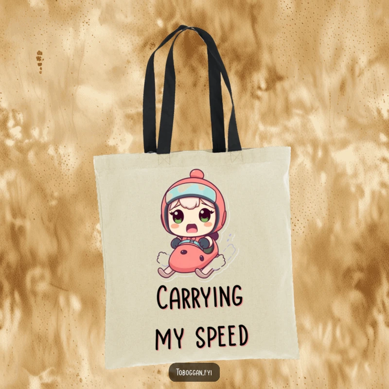 Funny tote bag showing a character's surprised face on a rapidly accelerating sled, a humorous accessory.