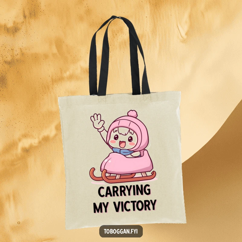Funny tote bag with a character giving a jubilant wave from a sled, celebrating a fun ride down a snowy hill.