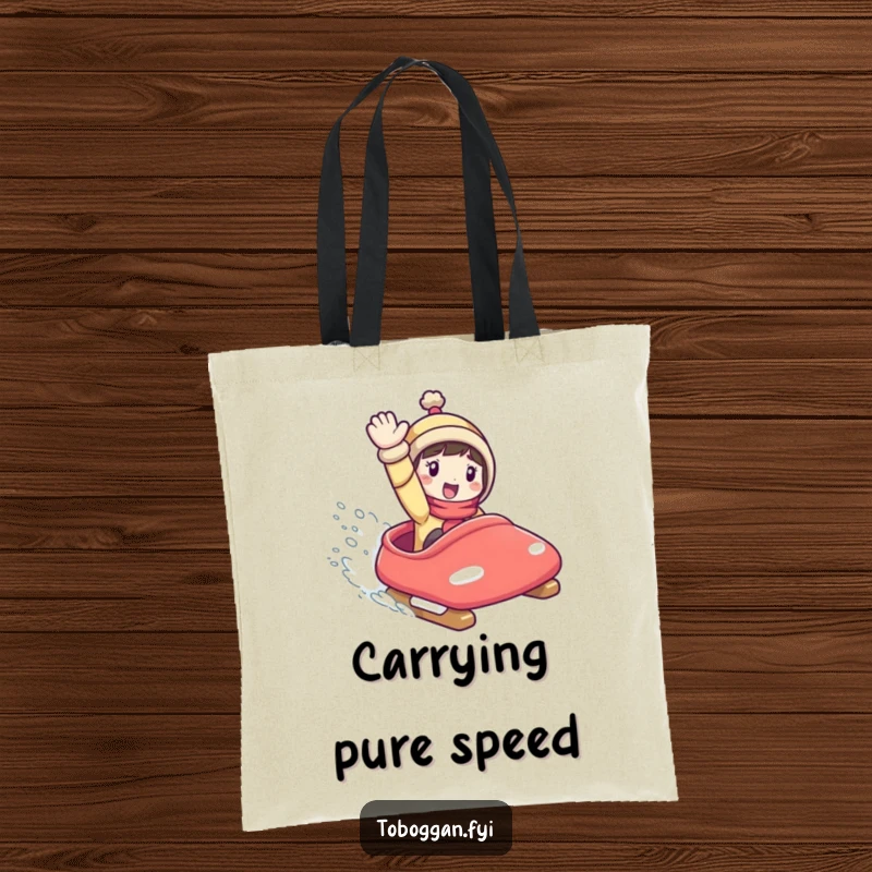 Funny Tote Bag: Character enthusiastically riding a toboggan downhill, perfect for carrying groceries or smiles.