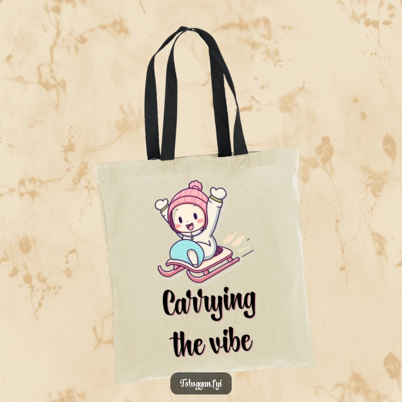 Funny Downhill Sledding Tote Bag with a character zooming downhill on a sled with arms in the air, a humorous accessory.