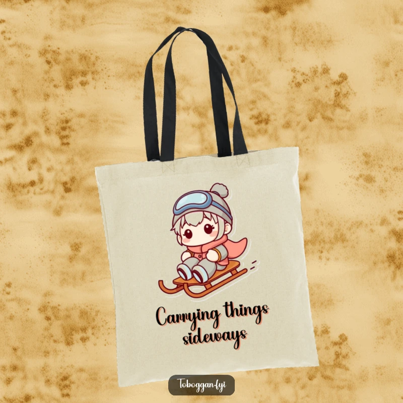 Funny tote bag depicting a character sliding sideways on a sled with a comical expression, great for daily use and humor.