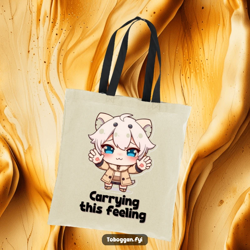 Funny tote bag with a character making a funny face while trying to stop, perfect for carrying items with a humorous touch.