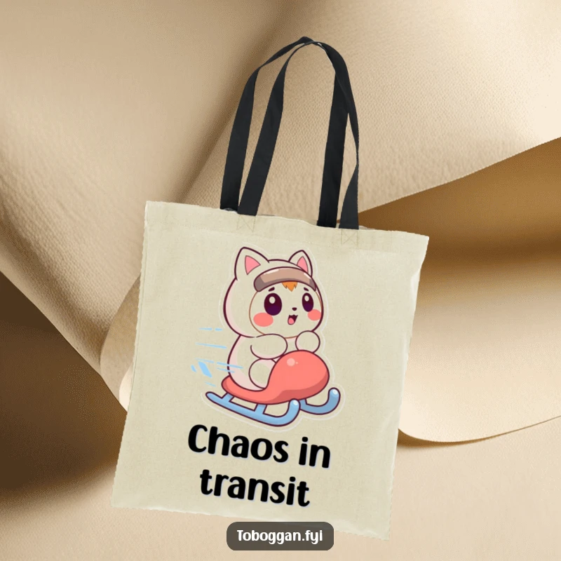 Funny tote bag with a character looking surprised as their sled spins quickly, a functional and humorous funny gift.