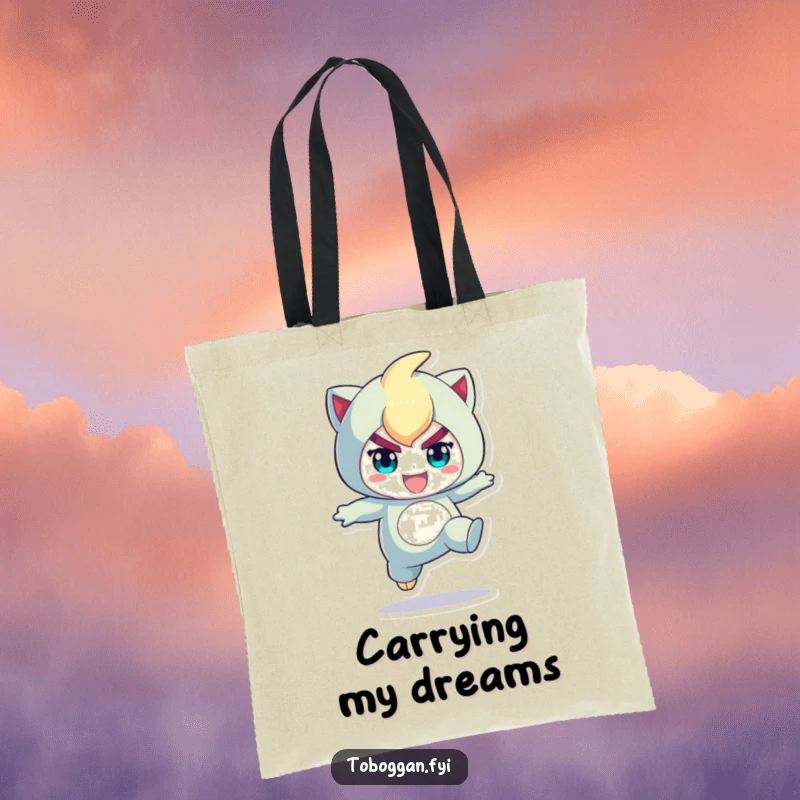 Funny tote bag with a character in a determined, playful jump, perfect for carrying items with an energetic and humorous touch.