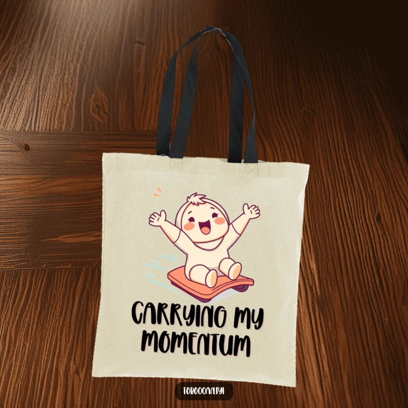 Funny tote bag featuring a cute character mid-slide, cheering with delight down a gentle grassy slope.