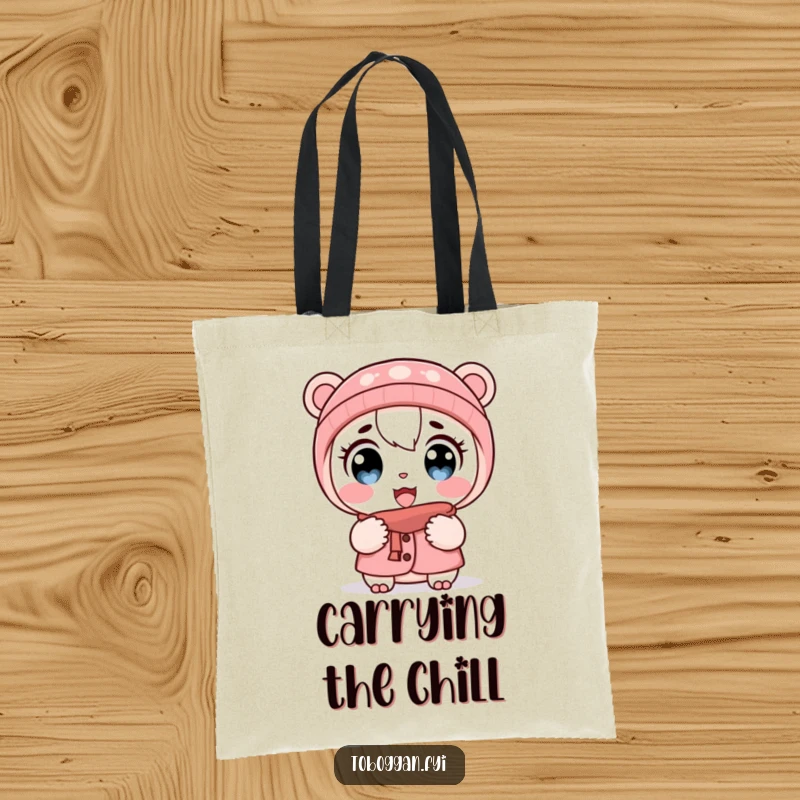 Funny tote bag with a cartoon character showing wide eyes and puffed cheeks in the cold, perfect for winter essentials.