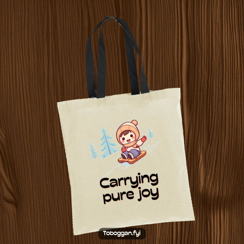 Funny cute character sledding joyfully down a snowy slope on a tote bag, perfect for errands.
