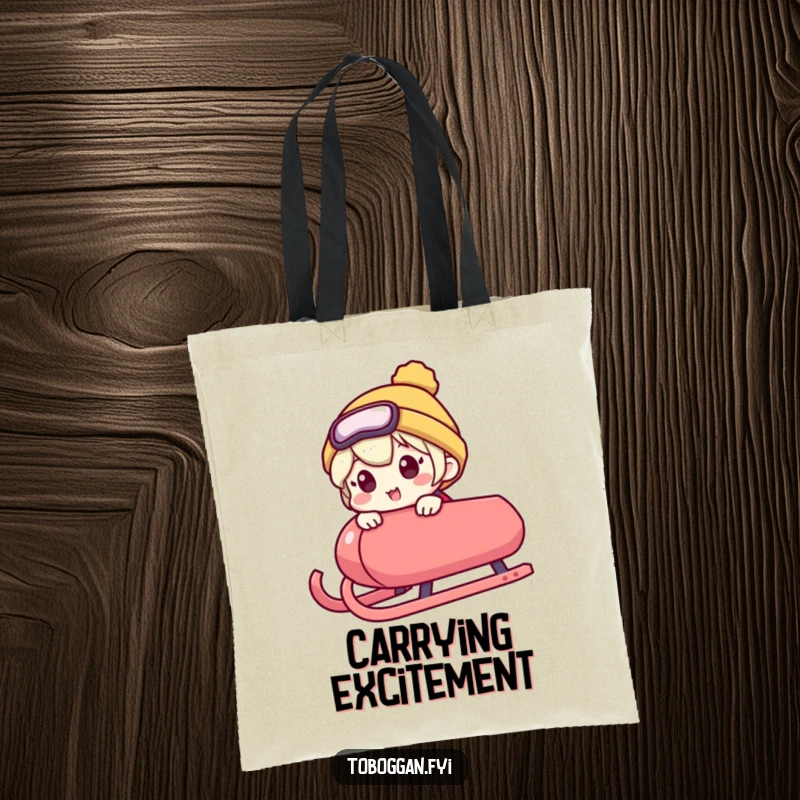 Funny tote bag features a character excitedly peeking over a sled's edge, perfect for carrying humor and adventure essentials with a smile.